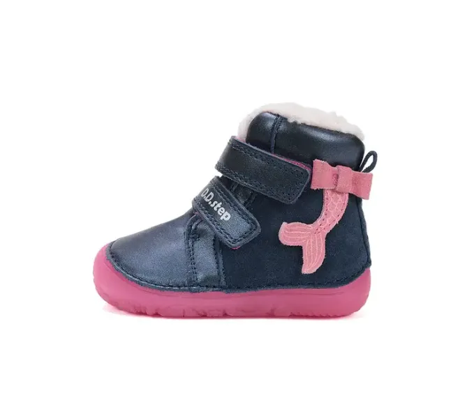 W073-52684RoyalBlue01_720x D.D.Step kislány barefoot, bélelt bokacipő, világító talp, sötétkék/rózsaszín, sellő mintás, külső oldalnézet
