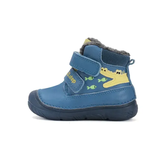 W082-52462BBermudaBlue01_720x D.D.Step kisfiú barefoot, bélelt bokacipő, világító talp, kék, krokodil mintás