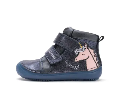 A063-52815A Royal Blue 01 D.D.Step kislány barefoot átmeneti bőrcipő kék unikornis mintás, külső oldalnézet